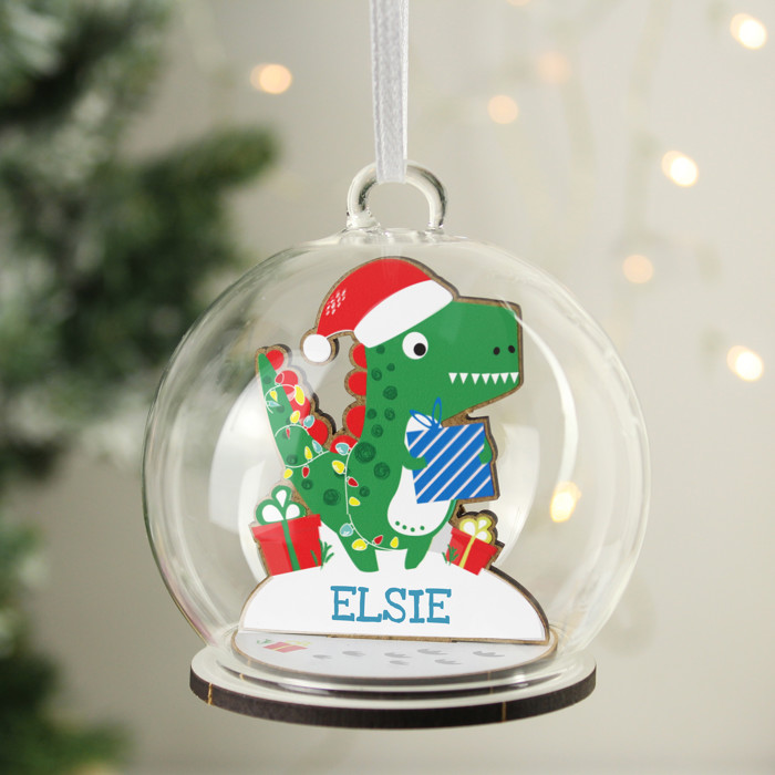 Personalised Children's Wooden Dinosaur Glass Christmas Tree Bauble